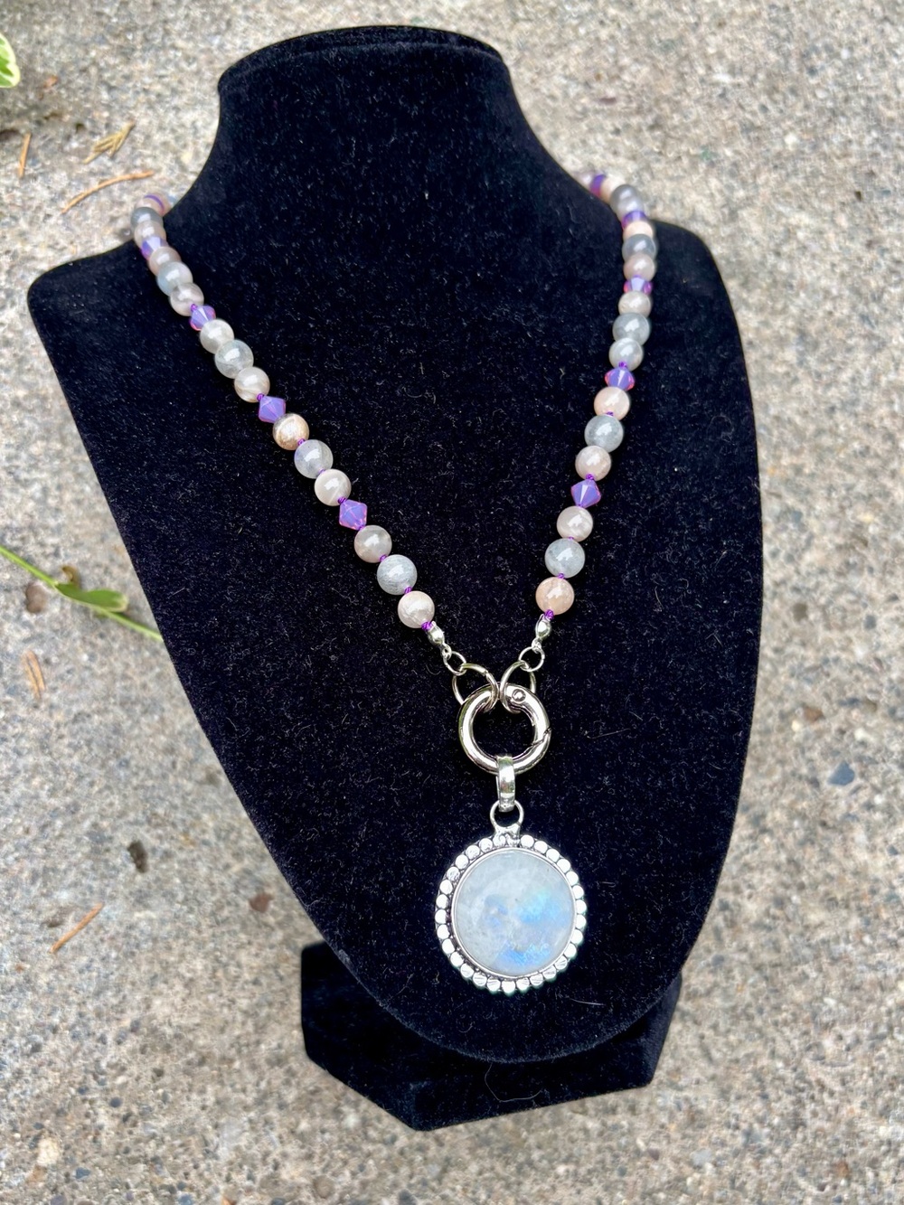 Beaded moonstone necklace and rainbow moonstone pendant.